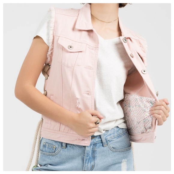 Pink Daisy Boho Denim Vest - Picture 2 of 10
